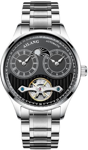 B BINGER Herren Automatik Uhren Dualzeit Clown Mondphase Ailang Serie Männer Armbanduhr (Silber Schwarz)