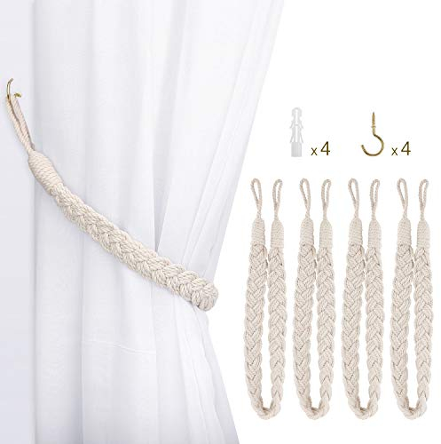 Lewondr Vorhang Raffhalter, 4 Stück Einfach und Elegant Baumwollseil handgewebt Vorhang Halter Dekorative Raffhalter Vorhang Binder Zubehör für Büro Haus Dekoration - Beige