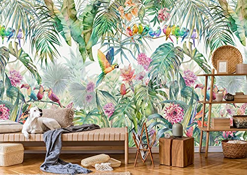 SILK ROAD EU Papier Peint Panoramique Jungle Soie, 300 x 210 cm, Poster Geant Mural Personnalisé 3D pour Salon Chambre Décoration Murale, Forêt Tropicale Perroquet Dos De Tortue Bambou Palmier Quitte