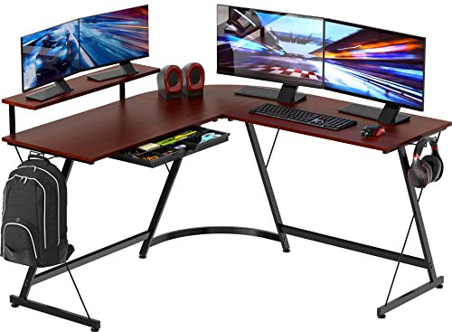 SHW Vista L-förmiger Schreibtisch mit Monitorständer, Kirsche
