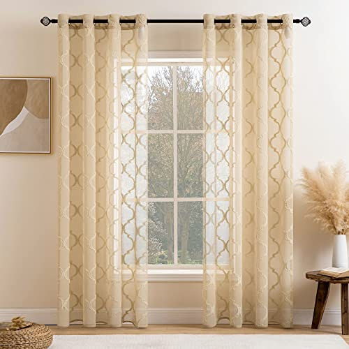 MIULEE 2er Set Voile Vorhang Sheer mit Ösen Transparente 140x225cm Braungelb Optik Gardine Ösenschal Wohnzimmer Fensterschal Marokko Luftig Chic Lichtdurchlässig Dekoschal für Schlafzimmer
