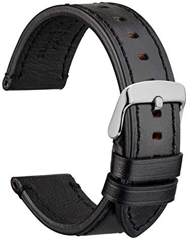 WOCCI 22mm Uhrenarmband für Business Uhren, Pull Up Leder, Polierte Silber Schließe (Schwarz)