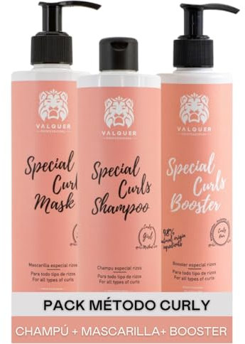Valquer Spezial-Pack: 400 ml Shampoo, 275 ml Maske und 300 ml Aktivierungs-Booster. Curly-Methode für definierte Locken. Spendet Feuchtigkeit und macht das Haar geschmeidig mit pflanzlichem Keratin.