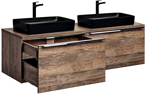 Lomadox Badmöbel Doppel Waschtisch-Unterschrank Set 160cm, Vintage Oak Eiche Nb, 2 Keramik-Aufsatz Waschbecken, 4 Softclose-Schubkästen, Regal, B/H/T ca.: 160,4/59,5/46 cm