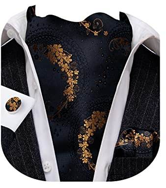 Barry.Wang Manschettenknöpfe für Herren, Seide, Paisleymuster, gewebt, Paisleymuster, modisch, Ascot und Einstecktuch, Hochzeit, formelle Anlässe, Schwarze Blume Gold, Einheitsgröße