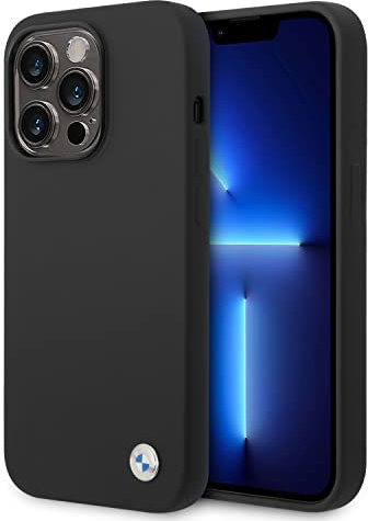 CG MOBILE BMW Handyhülle für iPhone 14 Pro in Schwarz, Flüssiges Silikon glatt und Anti-Kratz Schutzhülle mit Easy Snap-On Stoßdämpfung und Unterschrift Logo