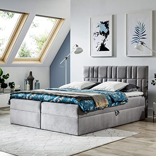 Boxspringbett Doppelbett TEO - Bett mit Bonellmatratze, mit Bettkasten für Bettwäsche und Topper. Gepolsterte Kopfstütze in 3 verschiedenen Varianten (Grau, 140x200 TEO 1)