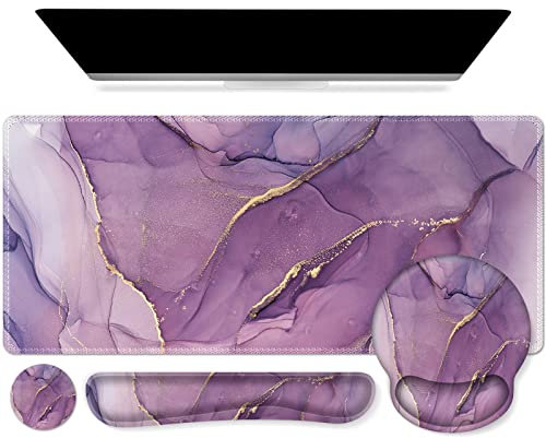 iCasso Purple Ergonomic Gaming Mouse Pad with Wrist Support, 4in1 XXL Large Desk Mat - Keyboard Wrist Rest + Mouse Wrist Rest + Coaster, Marble Style Desk Pad Mousepad