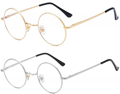 Onrtry Lunettes rondes bloquant la lumière bleue pour homme et femme avec verres transparents et monture en métal, A7 doré + argent, S
