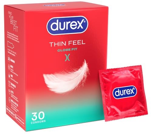Durex Thin Feel Close Fit, 30 Condoms, Silicone Lubricated | Thinner for More Sensitivity, Pre Lubricated with Silicone Lube, Easy On, Teat Ended, Durex Condoms, Thin Feel