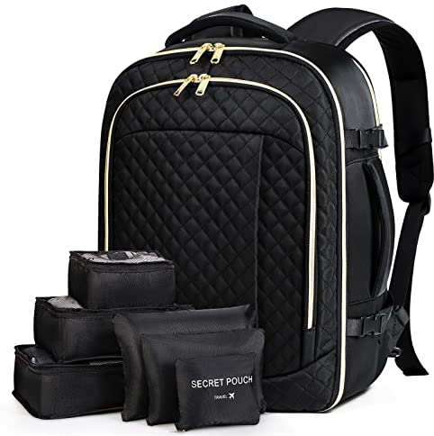 Lekespring Große Rucksack Handgepäck für Damen Herren, 17.3 Zoll Laptop Rucksack Reiserucksack mit 6 Teilige Kleidertaschen-Packing Cubes für Urlaub Business Arbeit, Schwarz Gesteppt