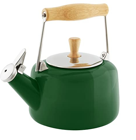 Chantal SVEN - Tetera de acero esmaltada con mango de madera natural, 1.4 cuartos de galón, color verde bosque