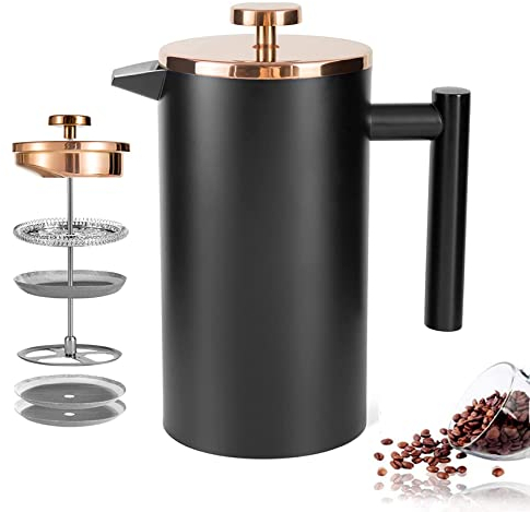 MaxMiuly Large Cafetiere 1.5L/50 OZ Stainless Steel French Press Insulated Coffee Press, Double Wall Keep Hot Coffee & Tea Maker,Bonus with 2 Coffee Filter Screens-Black(1500ml)