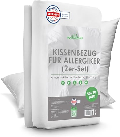 Welldora ǀ 2er-Set Milbenbezug Kissen 50x70 ǀ Allergiker Kissenbezug fachärztlich getestet ǀ Premium Encasing mit Reissverschluss ǀ Allergiker Bettwäsche