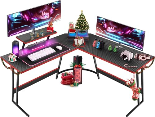 Devoko Escritorio Gaming de Esquina,130 x 130cm,Escritorio Gamer en Forma de L con Soporte de Monitor, para Estudio,Oficina,Gaming,Dormitorio(Carbono Negro)