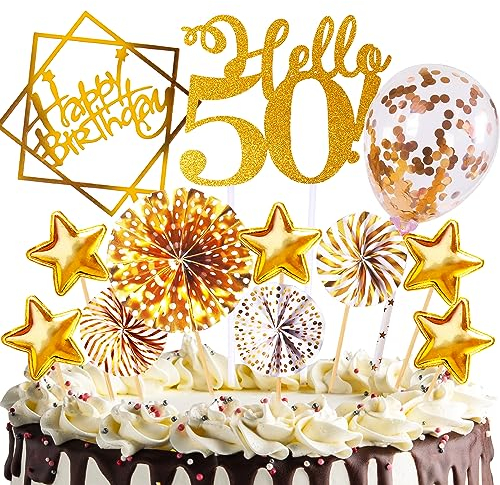 Tortendeko Geburtstag,Happy Birthday 50 jahre Kuchendeko Frauen mädchen,50. Cake Topper,Cupcake Topper mit Sternen Konfetti-Luftballons und Papierfächer für 50 Geburtstag