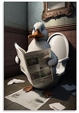 WEERSHUN Poster mit Ente auf Toilette, Lesezeitung, Kinderbadezimmer, Humor, lustiges Tier auf Toilette, schwarz-weiß, Poster, 90er-Jahre-Leinwand, Wandkunst, Raum, ästhetische Dekoration, Poster, 30