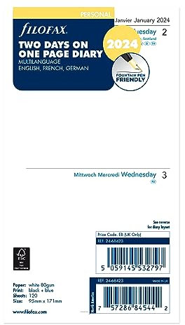 Filofax Kalender-Tagebuch-Nachfüllung, persönliche/kompakte Größe, zwei Tage auf einer Seite, weißes Papier, unliniert, dreisprachig, 2024 (C68423-24)
