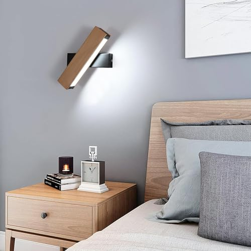 SENQIU LED Wandleuchte Innen, Holz Moderne Wandlampe 360 Grad Drehbar, 6500K Kühles Weißes Licht, LED Lampen Wandbeleuchtung für Schlafzimmer, Wohnzimmer, Küche, Flur