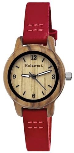 Handgefertigte Holzwerk Mädchen-Uhr Jungen-Uhr Kinderuhr Öko Natur Holz-Uhr Leder Kinder Uhr Armband-Uhr Analog Klassisch Quarz-Uhr in Türkis Braun (Braun.Rot)