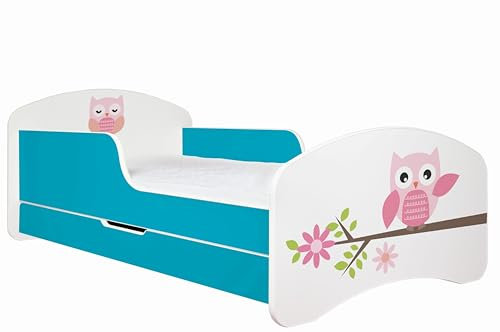 Happy Babies - Kinderbett 160 x 80 | Kinderbett mit Rausfallschutz & Bettkasten | Jugendbett Kinderbett mit Matratze 80x160 | Kinder-Bett für Mädchen & Jungen - Animlas AM04 (Niebieski AM04)