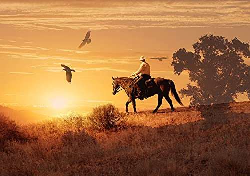 Fototapetendruck Papier Peint Photo Non tissé Cowboy (2705Pr) 500 x 280 cm Art Photo Cheval Corbeau Coucher de Soleil Montagne Corbeaux Paysage Nature Papier Peint Mural panoramique