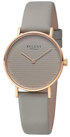 REGENT Damen Armbanduhr Analog Lederarmband grau UR2152579 Analoguhr