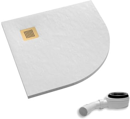 AQUABAD Duschwanne/Duschtasse Palast mit LeakProtect Technologie White Stone 90x90cm Viertelkreis R55 - Blende: gebürstetes Gold | inkl. Ablaufgarnitur/Siphon