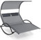 COSTWAY Tumbona Doble Jardin Exterior con Toldo, Tumbona Mecedora con 2 Reposacabezas Desmontables, Chaise Lounge Doble Textilene Jardín Patio, Marco de Metal Resistente (Gris)