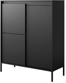 BETTSO - Kommode Schwarz Matt - Kommode mit Türen, dekorativen Rillen und hohen Metallbeinen - Push to Open System - 103 cm breit, 123 cm hoch - Highboard, Kommode Wohnzimmer