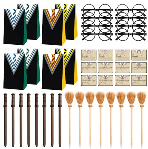 DASIAUTOEM Lot de 40 baguettes magiques - Lot de crayons - Pour fête d'anniversaire d'enfant - Avec balai magique, baguette magique, crayons, lunettes, cartes d'invitation, sacs de fête pour