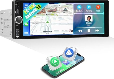 【Upgrade Android 13】 SIXWIN 2+64G Radio Coche 1 DIN Compatible Wireless CarPlay y Wired Android Auto,6.86 Pulgadas HD Pantalla táctil Reproductor con WiFi/GPS/Bluetooth/FM/USB/AUX/TF/Mirror Link