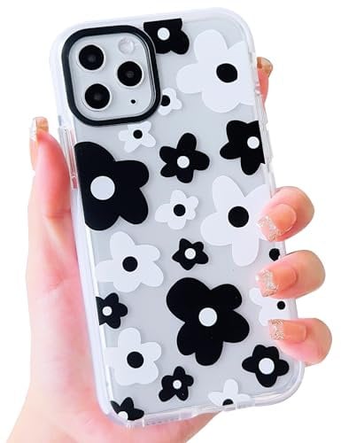 ECZOIL Compatible for iPhone 11 Pro Max Case,Cute Clear Black and White Flower Cartoon for Women Girl Soft TPU Shockproof Anti-Yellow Protective Phone Case for iPhone 11 Pro Max-Black and White Flower
