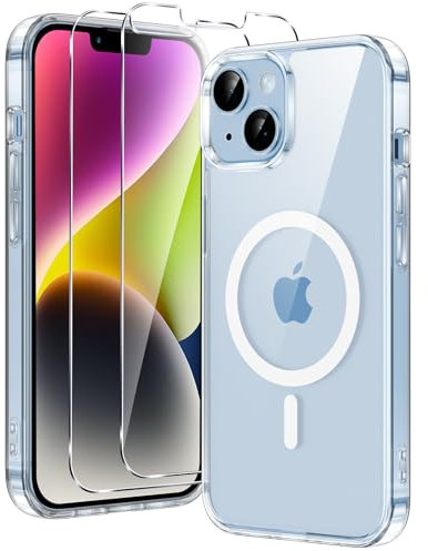 Xiltlly Cover Magnetica per iPhone 13 / iPhone 14 con 2 Vetro Temperato, Compatibile con MagSafe, Antiurto Sottile Resistente TPU Bumper Protettiva Case, Trasparente