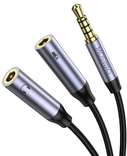 MOSWAG Adaptateur Splitter Y Micro Casque, Adaptateur Jack Audio Stéréo 3,5mm, 3,5mm Mâle à Double 3.5mm Femelle Prise Casque et Microphone pour PS4,PC,Téléphone.Tablette (Support du Microphone TRS)
