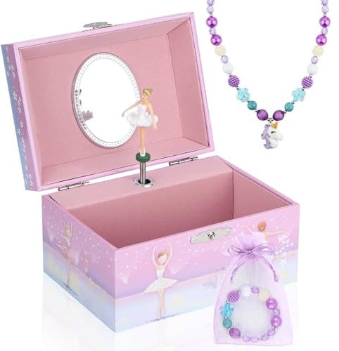 Anyiner Schmuckschatulle mit Spieluhr, Kinder-Schmuckkästchen Musikkästchen mit sich drehenden Ballerina, Schmuckkästchen Mädchen Geburtstagsgeschenk für Kinder (Groß Rosa Ballerina)
