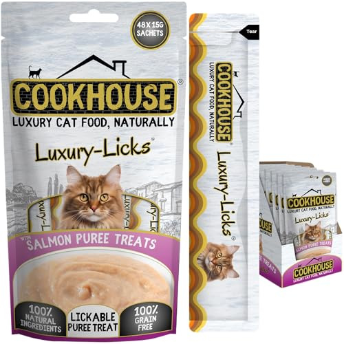COOKHOUSE Luxury Licks Lickable Cat & Kitten Treats - Salmon - 48 x 15g Sachets - Soft & Creamy Puree - Healthy & Grain Free - 100% Natural Ingredients