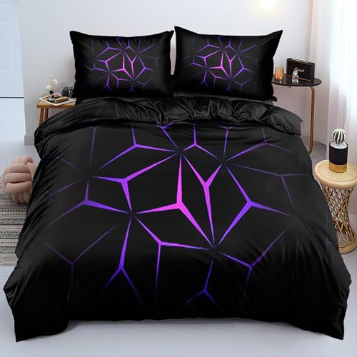 VOGIAY 3D Effekt Bettwäsche-Set 135x200cm, Lila Schwarz Geometrisch Betten Set für Kinder Jungen Mädchen Jugendliche, Bettbezug 135x200cm, 1 Kopfkissenbezug 80x80cm Mit Reißverschluss