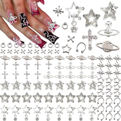 SNONESIY 110Pcs 3D Nagel Charms - Vintage Gothic Retro Punk Kreuze Herzen (11 Stile, Silber)