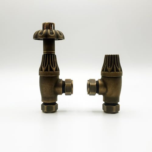 Lux Heat Angled Antique Brass Traditional Ornate Thermostatic Radiator Valve (TRV) Set