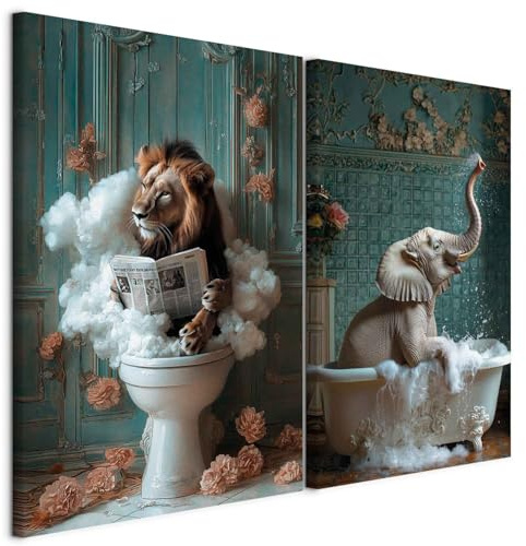 murando - Leinwandbild Set Löwe Elefant, 120x90 cm, 2-teilig, WC, dekorativ | Hochwertige Leinwand, sofort aufhängbar, ideal fürs WC, wasserfest und lichtecht, langlebig, stilvoll, zeitlos, edel