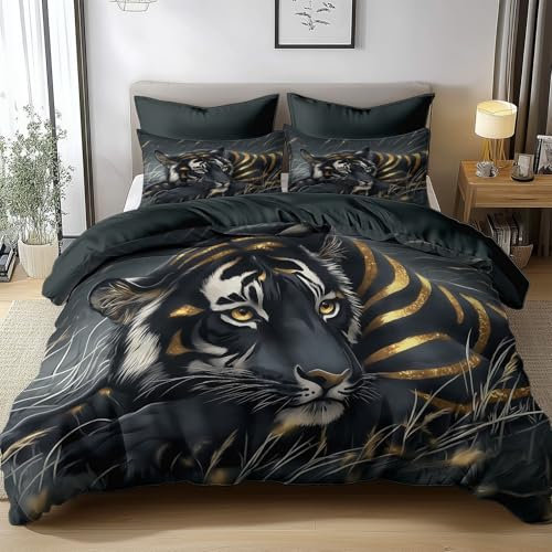 Bettwäsche-Sets 135x200cm Fantasietier Schwarzer Tiger Mit Goldenen Streifen Bettwäsche 3 Teilig, Weich Atmungsaktiv Polyester-Baumwolle Bettbezug Set mit Reißverschluss, 2 Kissenbezüge 80x80 cm