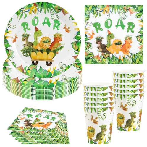 Hmfmdy Set di Stoviglie per Feste a Tema Dinosauri, 40 Pezzi Decorazioni per Deste, Stoviglie per Compleanno con Piatti, Bicchieri e Tovaglioli di Carta, Articoli per Battesimo - 10 Ospiti