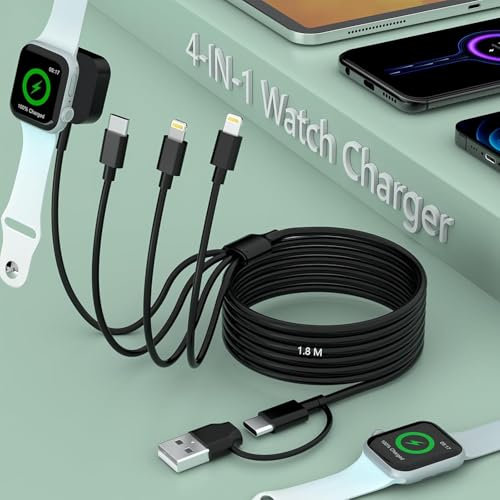 4-in-2 Travel Multi Charger Cable, 1.8M/6FT USB A/C Charging Cable with iWatch Charger+Lightning*2+Type C Port for Apple Watch Series 9/8/Ultra/7/6/5/SE/iPhone 16/15/14/13/12 Pro/Samsung/iPad, Black