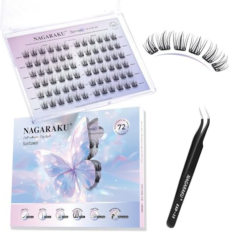 NAGARAKU Cils Auto-Adhésifs avec Pince 72 Fans Self Adhesive Lash Monobloc Flocons Fins Sans Dissolvant De Colle À Presser Réutilisables Aspect Naturel Pour Toutes Les Formes D'yeux (C Curl Sunflower)