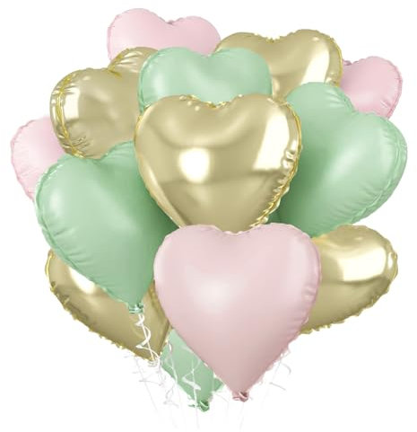 Ballon Coeur Vert Rose Or clair, 12pcs Forme de Coeur Ballons Rose clair, Ballons en Aluminium Coeur Or, Vert Ballon Coeur Helium pour Anniversaire, Mariage, Engagement, Douche de bébé, Valentine