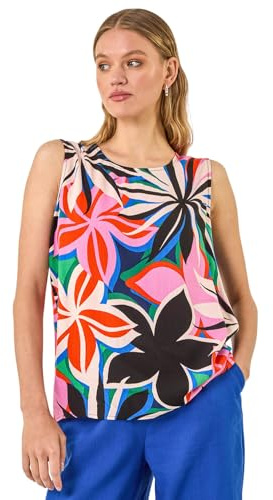 Roman Originals Floral Print Vest Top for Women UK - Ladies Everyday Holiday Spring Summer Round Neckline Comfy Soft Evening Vacation Work Party - Pink - Size 20