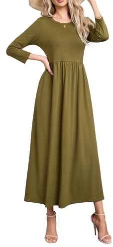 Enmain Maxi Dress for Women Casual 3/4 Sleeve A-Line Dresses with Pockets Winter Elegant Classic Round Neck Tunic Wedding S-3XL