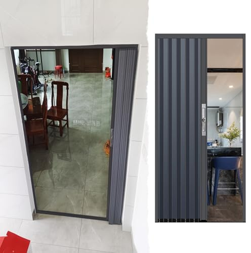 CMYUN Porte Accordéon Interieur Porte Accordéon Intérieure en Métal avec Serrure et Clé, Portes Pliantes en Aluminium Grises Personnalisables avec Rail Inférieur, Buanderie(46x96in(116.8x243.8cm))