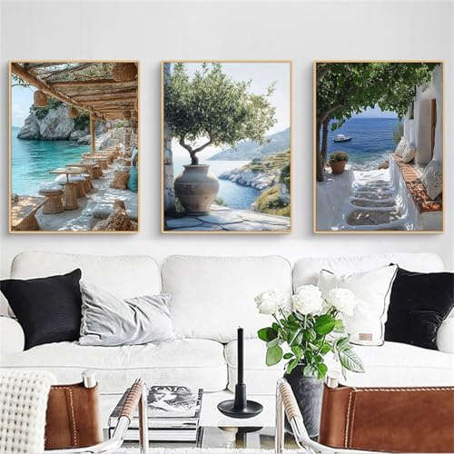 TROYSINC 3er Mittelmeerlandschaft Poster Set, Aesthetic Weiße Gebäude und Olivenbäume Bild, Mittelmeerinsel-Landschaft Wandbilder Wohnzimmer, Wanddeko für Wohnzimmer, ohne Rahmen (A,40x50cm)